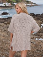 Diamond knit collared cardigan shirt in Dust Storm with short sleeves and open knit pattern.