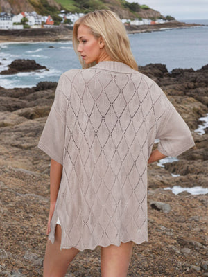 Diamond knit collared cardigan shirt in Dust Storm with short sleeves and open knit pattern.