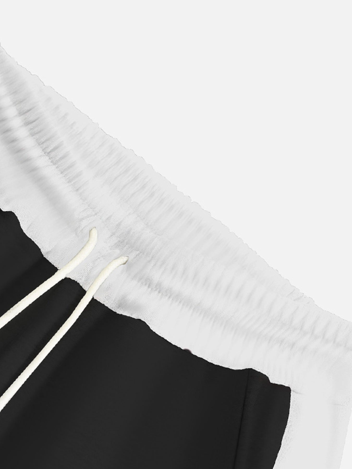 Black sweatpants with white drawstring and elastic waistband detail