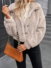 Textured teddy cropped button-up jacket in Dust Storm with a plush feel and button closure.