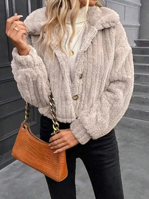 Textured teddy cropped button-up jacket in Dust Storm with a plush feel and button closure.
