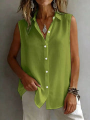 Effortless sleeveless button-up shirt in matcha green with a collared neckline.