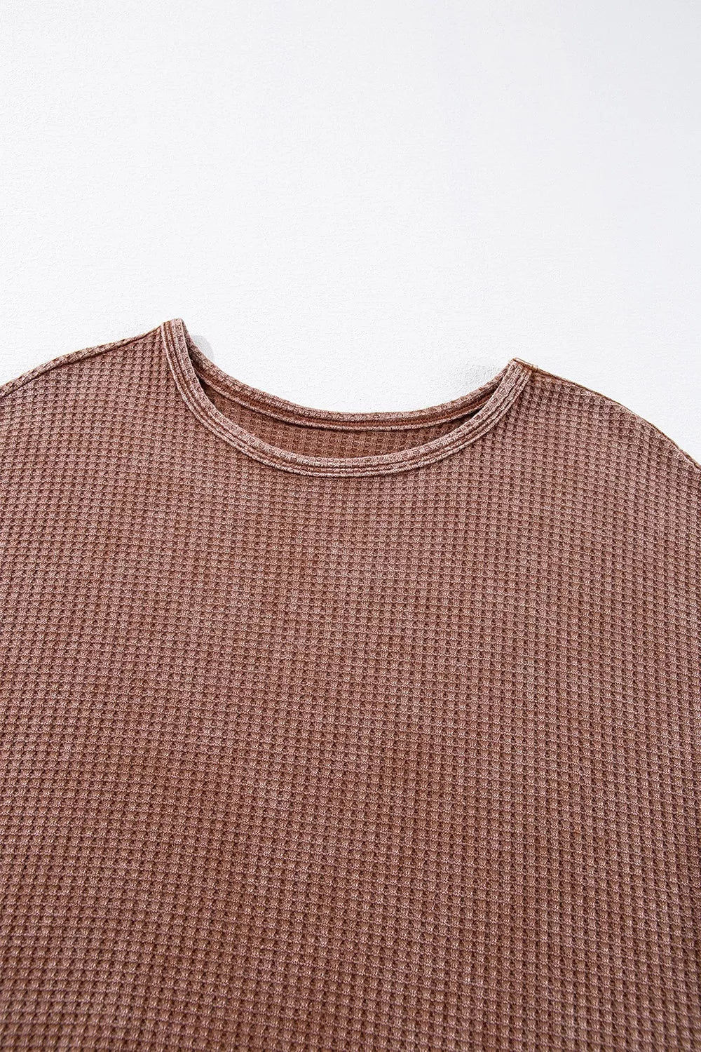 Waffle Knit Fringed High Low Loose Top in Brown, back view