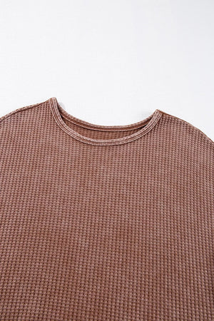 Waffle Knit Fringed High Low Loose Top in Brown, back view