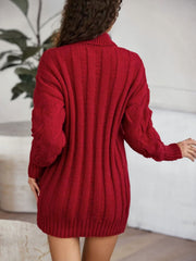 Burgundy cable knit turtleneck mini dress with ribbed texture and cable detail on sleeves.