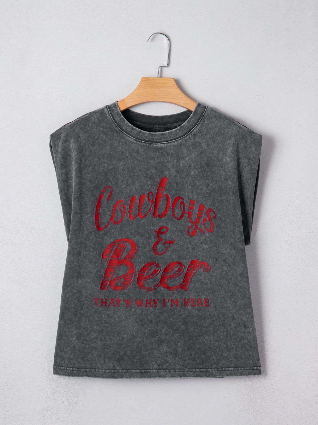 Acid-washed dark gray cotton tank top with red "Cowboys & Beer" graphic and text.