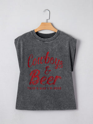 Acid-washed dark gray cotton tank top with red "Cowboys & Beer" graphic and text.