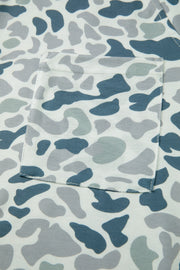 Camo print t-shirt with V-neck and chest pocket.