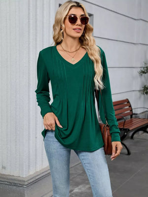 Elegant V-neck long sleeve maternity t-shirt in dark green with subtle pleat details.