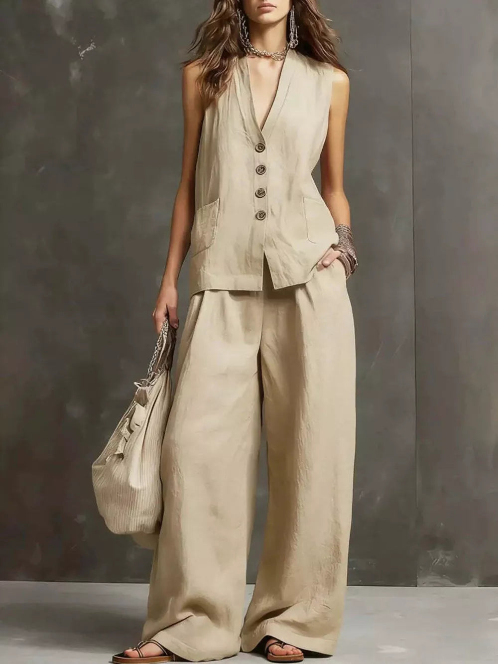 Sleeveless Buttoned Vest And Wide-leg Pants Set, product detail
