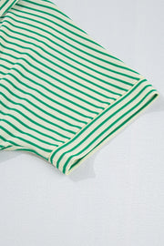 Green and cream striped resort shirt romper with tie detail