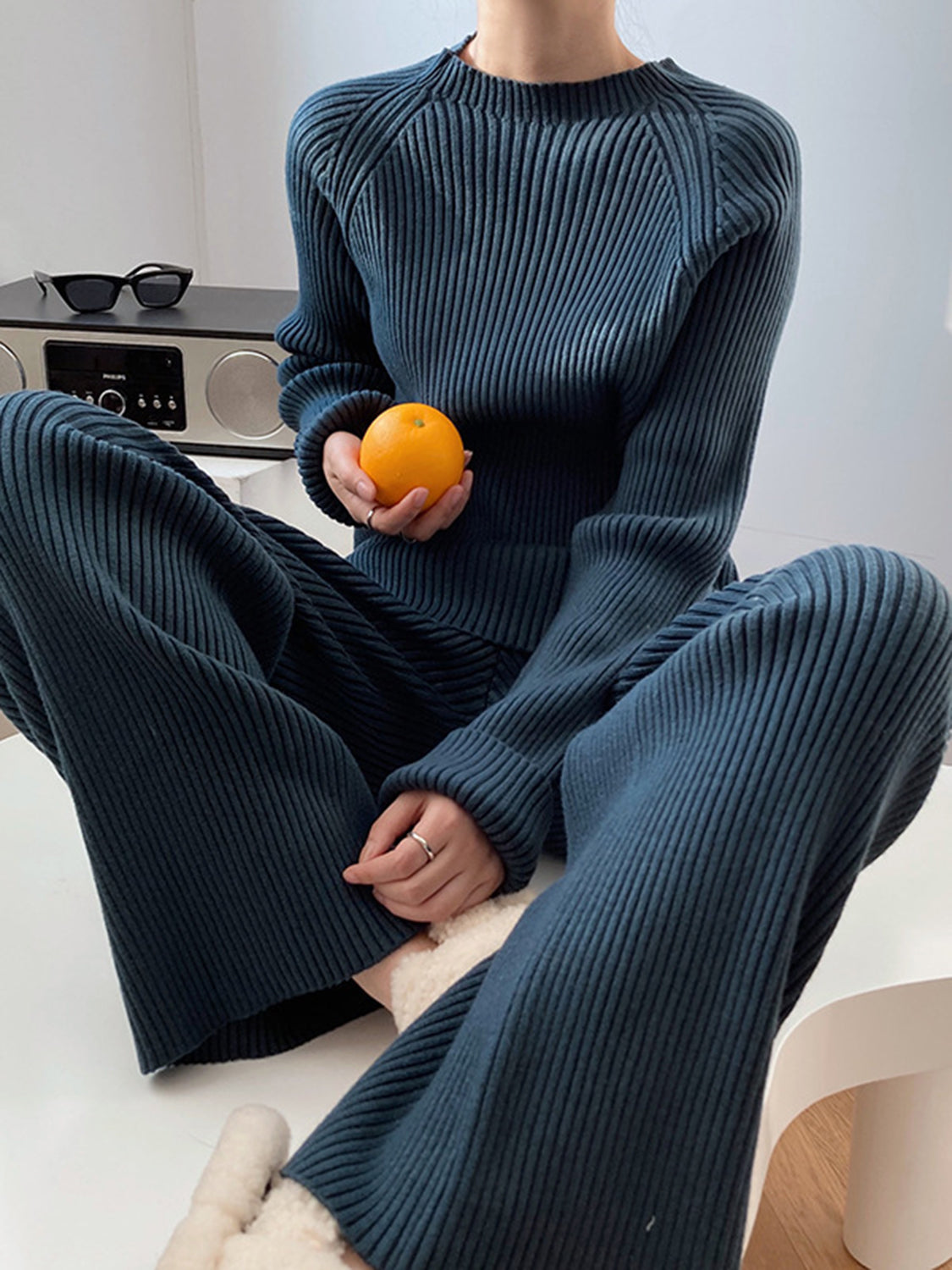 French blue ribbed knit co-ord set with wide leg pants and crew neck sweater.