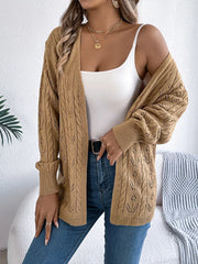 Khaki openwork long sleeve acrylic cardigan with cable knit detail.