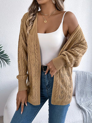 Khaki openwork long sleeve acrylic cardigan with cable knit detail.