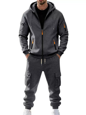 Men's Plus Size Casual Zip-up Hoodie And Cargo Pants Set in Dark Gray, product detail