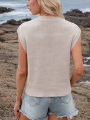 Sleeveless knit V-neck sweater in Dust Storm, a casual ribbed hem top.