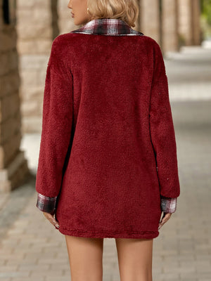 Burgundy shacket with plaid collar and cuffs, fuzzy texture, long sleeves.
