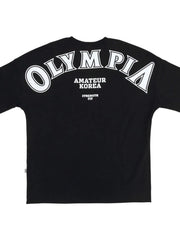 Black oversized tee with white "OLYMPIA AMATEUR KOREA STRENGTH FIT" graphic on back.