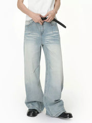Classic wide-leg vintage wash jeans in light blue denim with a relaxed fit and subtle fading.