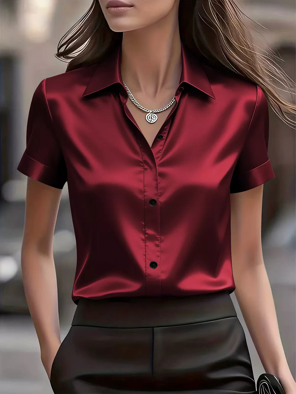 Satin Short-sleeve Shirt in White, front view