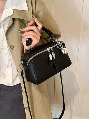 Textured Mini Pu Leather Handbag in Black, model styling view
