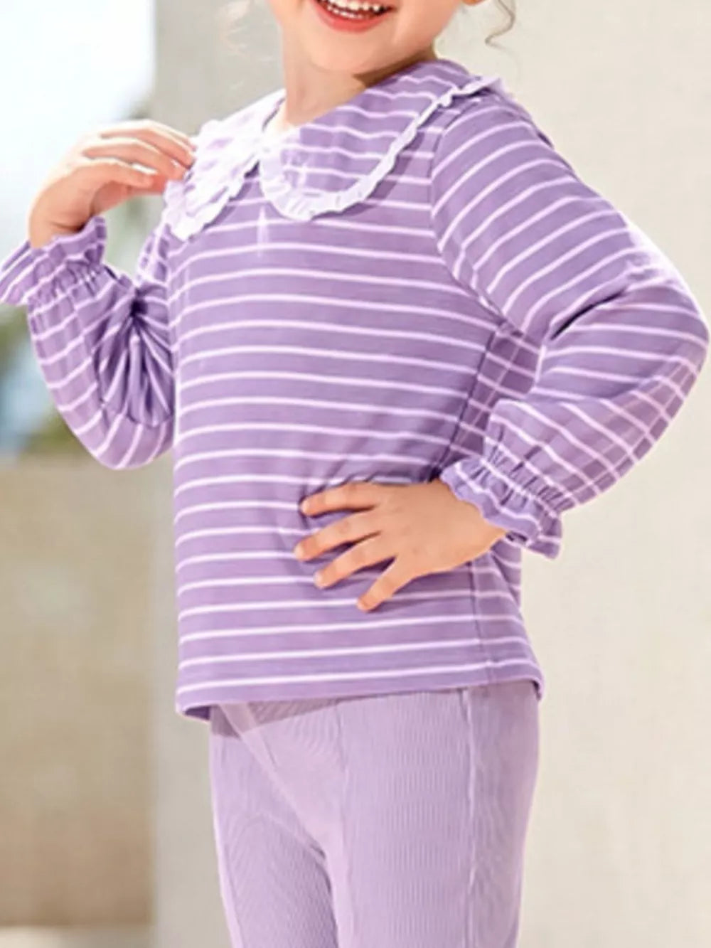 Children's Striped Ruffle Collar Top And Bow Flare Pants Set in Lavender, close-up detail