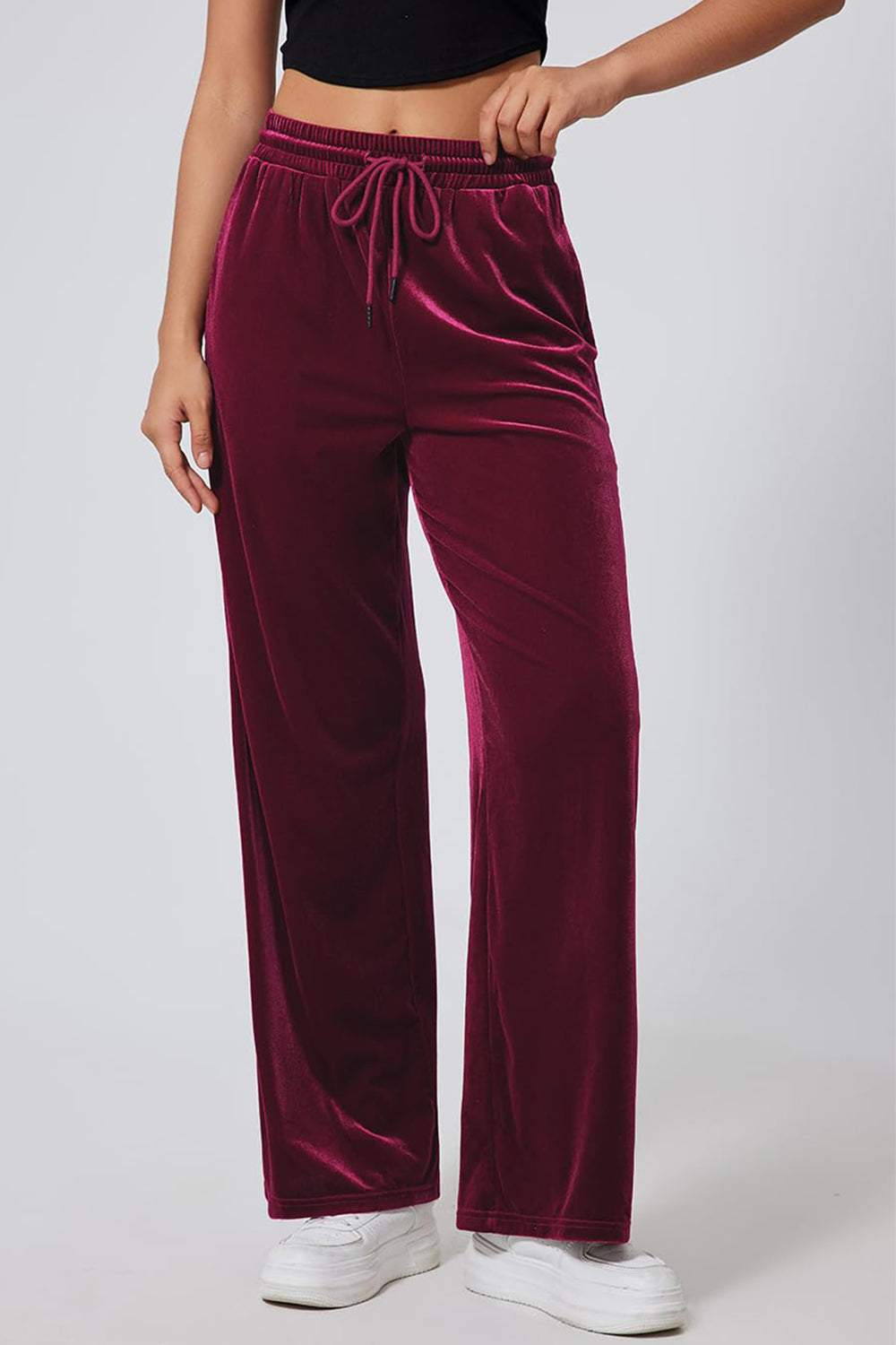 Burgundy velvet palazzo lounge trousers with drawstring waist and wide leg