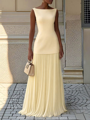 Yellow sleeveless boat neck top with pleated maxi skirt set