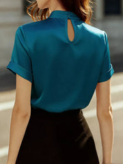 Peacock blue satin blouse with short sleeves and a keyhole neckline detail.