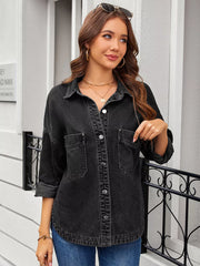 Charcoal denim trucker jacket with button-down front and chest pockets