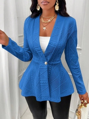 Royal blue textured knit peplum blazer with cable knit details and a single button closure.