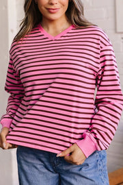 Stripe V Neck Drop Shoulder Long Sleeve Shirt, back view