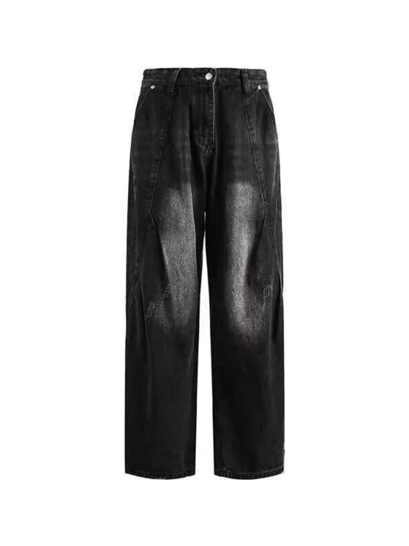 Men's black vintage wash wide leg jeans with distressed details