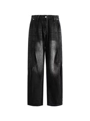 Men's black vintage wash wide leg jeans with distressed details