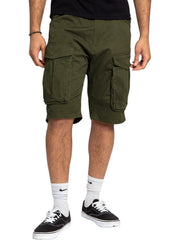 Army green cargo shorts for men with multiple pockets and a relaxed fit.