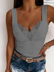 Dark gray ribbed tank top with lace V-neck detail
