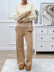 Color-blocked knit lounge set with tan pants and a cream top with brown stripes on sleeves and hem.