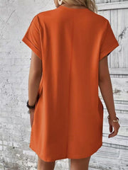 Orange-Red relaxed tee dress with cuffed sleeves and pockets