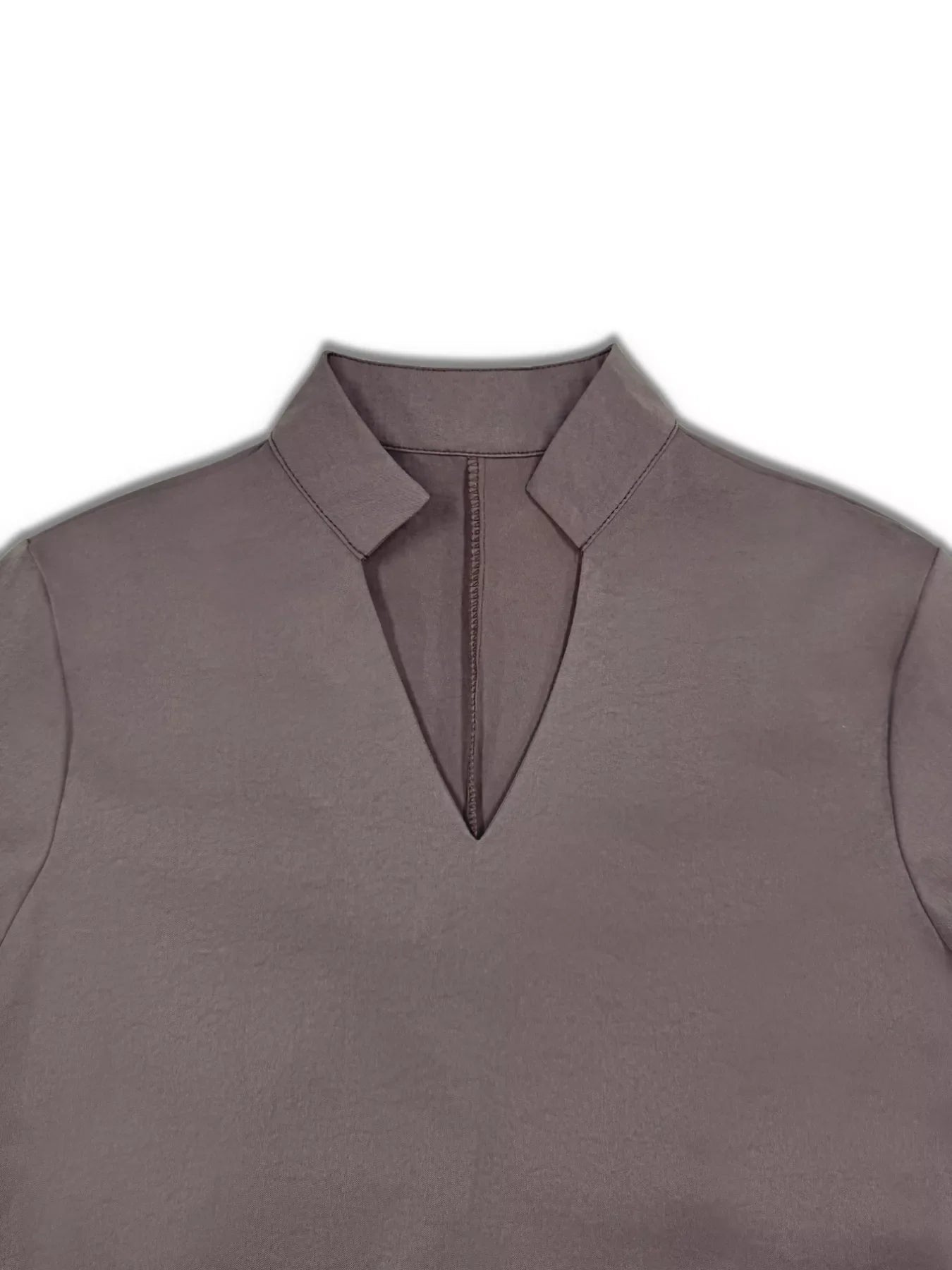 Coffee brown midi dress with a V-neck and pointed collar detail.