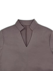 Coffee brown midi dress with a V-neck and pointed collar detail.