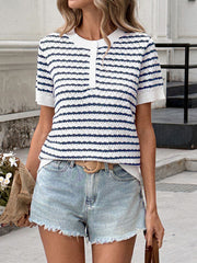 Chic striped knit top with button placket, white and navy blue, short sleeves, crew neck.