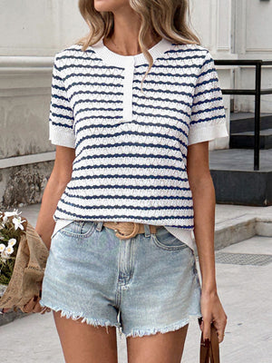 Chic striped knit top with button placket, white and navy blue, short sleeves, crew neck.
