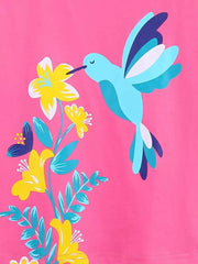 Hot Pink t-shirt with a blue hummingbird and yellow flowers print.