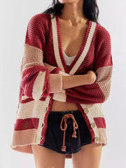 Varsity stripe textured knit cardigan in scarlet and cream with a V-neck and button front.