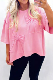 Solid Color Raw Edge Bow Patch Loose T Shirt in Pink, front view