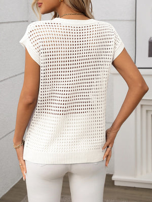 Openwork knit crewneck top in ivory with short sleeves and a relaxed fit.