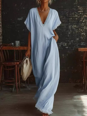 Sky blue lace-trimmed V-neck maxi dress with pockets and short sleeves.