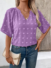 Swiss dot blouse in heliotrope purple with v-neck and short sleeves
