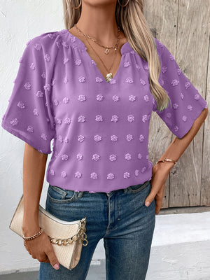 Swiss dot blouse in heliotrope purple with v-neck and short sleeves