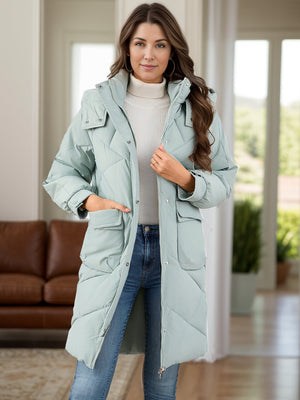 Sage diamond quilted hooded puffer coat with snap pockets and zip front.